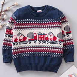 Babyhug Full Sleeves Knit Printed Pullover - Navy Blue-image-3