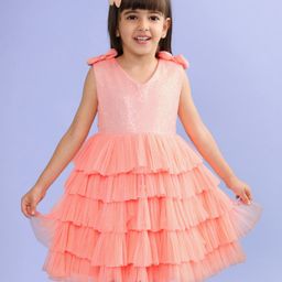 Babyhug Sleeveless Sequinned Tiered Party Frock with Bow Applique - Peach-image-99