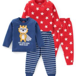 Babyhug Interlock Cotton Knit Full Sleeves Night Suit Stripes & Star Print Pack of 2 - Red & Blue-image-45