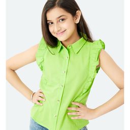 Olele Sleeveless Cotton Linen Ruffled Solid Colour Shirt - Green-image-125