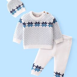 Babyhug Full Sleeves Sweater Set with Cap Floral Design - Off White-picture-37