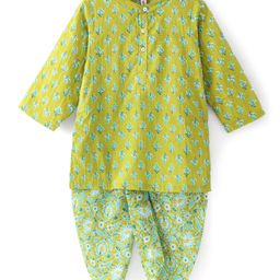 Babyhug 100% Cotton Knit Full Sleeve Kurta & Dhoti Set With Floral Print - Green-image-32
