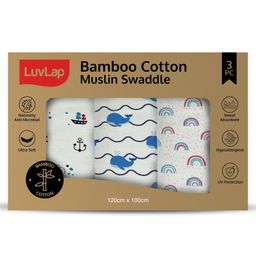 Luv Lap Bamboo Cotton Muslin Baby Swaddle Set Whale Rainbow Cloud Print - White-41