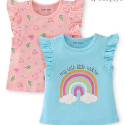 Babyoye Eco Conscious 100% Cotton with Eco Jiva Finish Frill Sleeves T-Shirt with Floral & Rainbow Print Pack of 2 - Blue & Pink-image-32