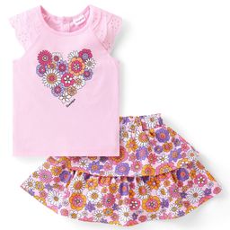 Babyhug Single Jersey Knit Half Sleeves Top & Skirt Set with Floral Print - Multicolour-picture-6