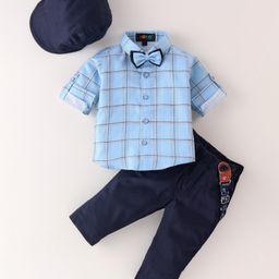 Robo Fry Cotton Knit Full Sleeves Checked Print Shirt & Trouser Set with Hat Suspender  & Bow - Blue-image-37