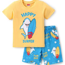 Babyhug Cotton Knit Half Sleeves Fish Printed Night Suit - Yellow & Blue-image-5