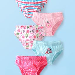 Babyhug 100% Cotton Knit Antibacterial Panties Floral Print Pack of 5 - Pink & Blue-image-42
