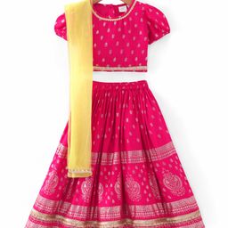 Saka Designs Female Cotton Rayon Half sleeves Lehenga Choli MAGENTA & YELLOW 7-8Y-image-29