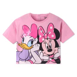 Babyhug Disney Cotton Knit Half Drop Shoulder Sleeves T-Shirt with Minnie Mouse Graphics & Sequin Detailing - Pink-picture-17