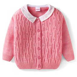 Babyhug Knitted Full Sleeves Front Open Sweater With Peter Pan Collar & Cable Knit Design - Pink-image-97