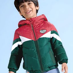 Babyhug Woven Full Sleeves Hooded Padded Jacket With Colour Block Design - Red White & Green-picture-15