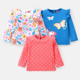 Babyhug Cotton Knit Full Sleeves Top with Floral & Polka Dots Print Pack of 3 - Pink Blue & Dark Pink-image-101