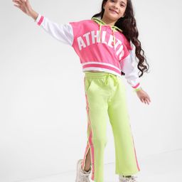 Ollington St. Cotton Knit Full Sleeves Hooded Text Printed Sweatshirt & Slit Detailed Trackpant Winter Wear Set - Pink & Lime-image-82