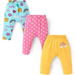 Babyhug Interlock Full Length Diaper Leggings With Floral & Polka Dots Print Pack Of 3 - Blue Pink & Yellow-image-22