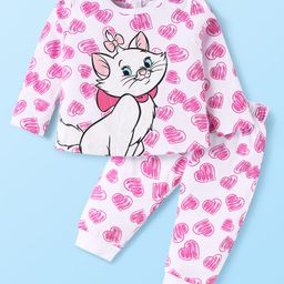 Babyhug Disney Single Jersey Knit Full Sleeve Night Suit With Front & Back Marie Graphic - White & Pink-image-40