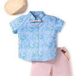 ToffyHouse Cotton Woven Half Sleeves Printed Shirt & Shorts Set with Bow Suspender & Hat - Light Peach & Blue-picture-1