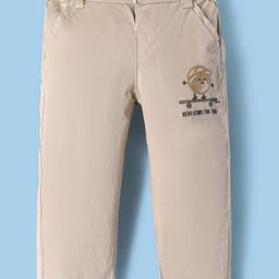 Olio Kids Cotton Woven Full Length Trousers with Here Comes The Fun Embroidery - Beige-image-27