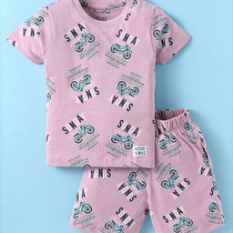 CUCUMBER Sinker Knit Half Sleeves Shorts Night Suit with Bike Print - Pink-image-83