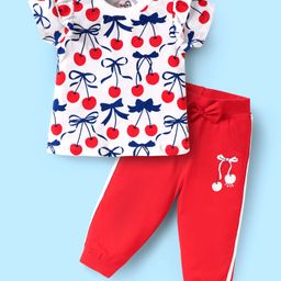 Doodle Poodle 100% Cotton Knit Cherry Printed Half Sleeves T-Shirt & Lounge Pant Set with Tape Detailing - Red & White-image-27