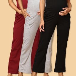 The Mom Store Pack Of 3 Cotton Spandex Solid Maternity Track Pants - Maroon Black & Grey-image-72