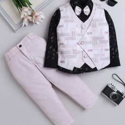 Fourfolds Cotton Full Sleeves Chevron Printed 3 Piece Party Suit Set With Bow - Beige-image-29