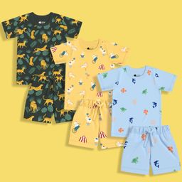 Orange Sugar 100% Cotton Knit Pack Of 3 Half Sleeves Cheetah & Fishes Printed Tees With Coordinating Shorts Set - Multi Colour-picture-15