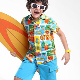 Ollington St. Cotton Beach Theme Printed Half Sleeves Shirt & Shorts Set - Multicolor & Light Blue-image-69
