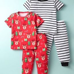 Kidi Wav Cotton Pack Of 2 Half Sleeves Striped & Gifts Printed Tees With Coordinating Pants Set - Multi Colour-image-69