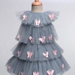 Enfance Sleeveless Butterfly Applique Detailed Layered Knee Length Dress - Grey-image-35