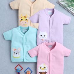BUMZEE Cotton Knit Front Open Half Sleeves Animal Printed Jhablas Pack Of 4 - Lavender Pink & Light Blue-image-39