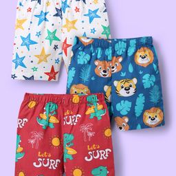 Babyhug Cotton Woven Above Knee Length Boxers with Animal Print Pack of 3 - Blue Red & White-image-77