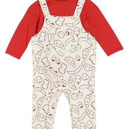 MINI KLUB Cotton Fruits & Bread Printed Dungaree With Full Sleeves Solid Tee Set - White & Red-picture-14
