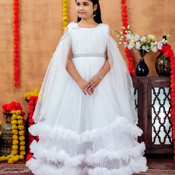 Aarika Net Woven Sleeveless Beads Embellished Ruffles Detailed Layered Gown - White-16