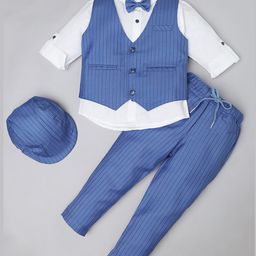 Rikidoos Full Sleeves Striped 3 Piece Party Suit Set With Bow & Cap - Blue & White-image-16