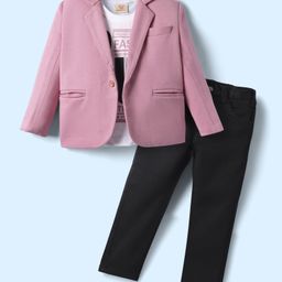Rikidoos Full Sleeves Solid Blazer With Typography Printed Tee & Pant Set - Pink & Black-picture-2