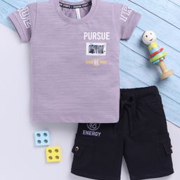 TOONYPORT Cotton Knit Half Sleeves Pursue Text Printed Tee & Shorts Set - Purple-image-39