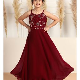 Fashion Dream Georgette Woven Sleeveless Floral Embroidered Sequins Embellished Gown - Maroon-picture-10