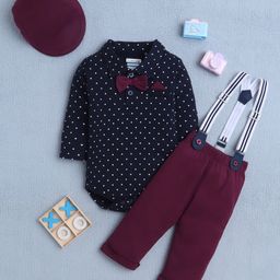 BUMZEE Cotton Knit Full Sleeves Polka Dots Printed Onesie & Pant Set With Suspender & Cap - Navy Blue & Wine-picture-12
