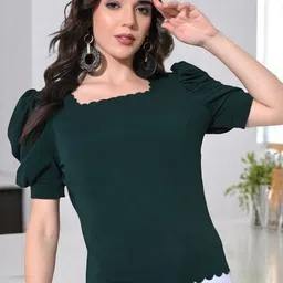 IUGA Women Square Neck Puff Sleeves Top with Laser Cut Details-image-14