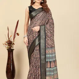 SSHAGUN LIFESTYLE Black Self Design Checkered Printed Floral Print Woven Bhagalpuri Cotton Silk Saree-picture-5