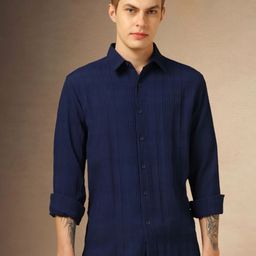 Dennis Lingo Classic Relaxed Fit Textured Spread Collar Casual Shirt-image-87