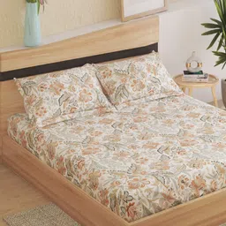 Home Centre Oxford Brown & White Floral Cotton 200 TC Super King Bedsheet Set-2.74mx2.74m-image-35