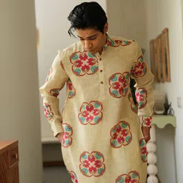 QB MEN Men Floral Printed Thread Work Floral Raw Silk Kurta-picture-17