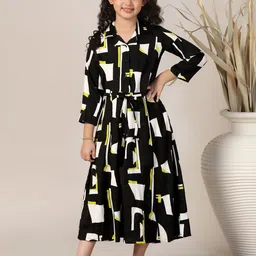 FASHION DREAM Girls Abstract Printed Cotton Shirt Collar Fit & Flare Midi Dress-picture-18