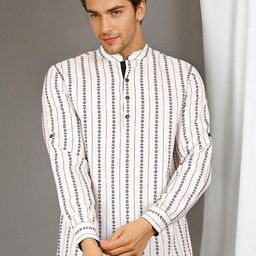 Anouk Striped Woven Design Mandarin Collar Neck Long Sleeves Cotton Kurta-image-99