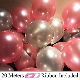 Amfin Metallic Latex Balloons With Ribbons Pink & Silver - Pack of 52-13