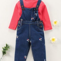 Babyhug Dungaree With Full Sleeves Inner Tee Solid Print - Blue-image-27