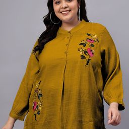 Indietoga Women Plus Size Floral Printed Embroidered Mandarin Collar Cotton Top-image-91