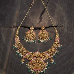 Kushal's Fashion Jewellery Gold-Plated Stone Studded & Beaded Antique Necklace & Earrings-image-30